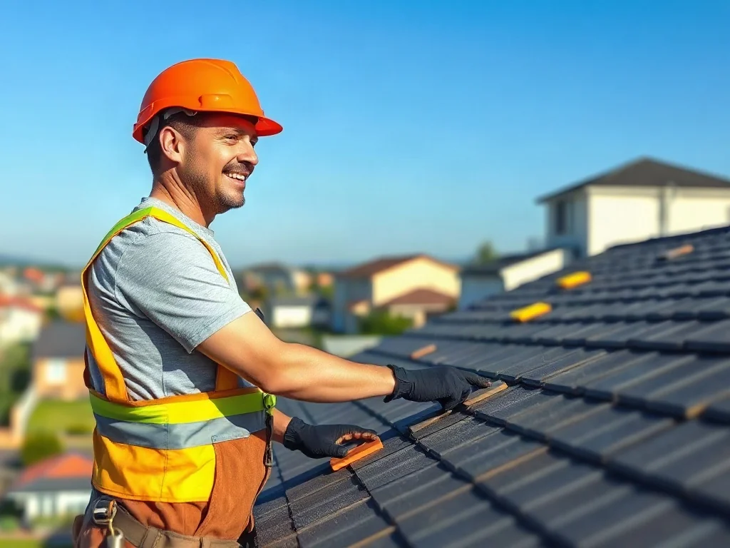 Dekarz w odzieży ochronnej układa dachówki na dachu nowoczesnego domu w słoneczny dzień.