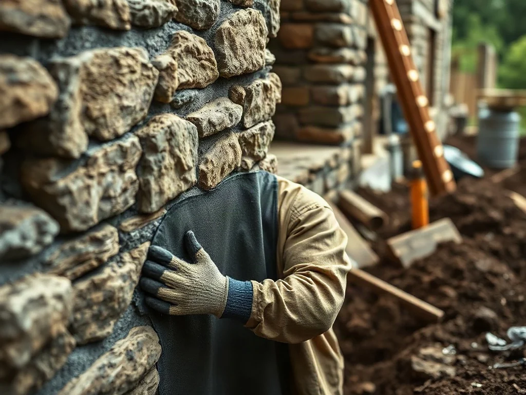 Pracownik nakłada izolację bitumiczną na kamienny fundament starego domu, zabezpieczając go przed wilgocią.