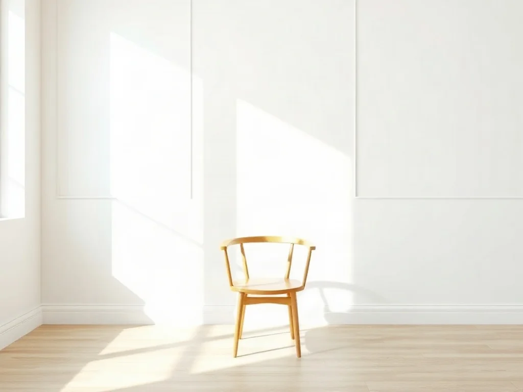 Minimalistyczne wnętrze z białą ścianą w odcieniu RAL 9016, drewnianym krzesłem i jasną podłogą w naturalnym świetle.