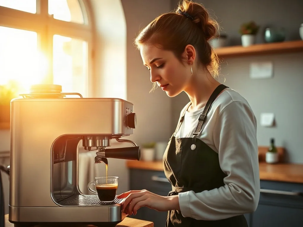 Baristka przygotowuje świeże espresso przy użyciu nowoczesnego ekspresu w jasnej, słonecznej kuchni.