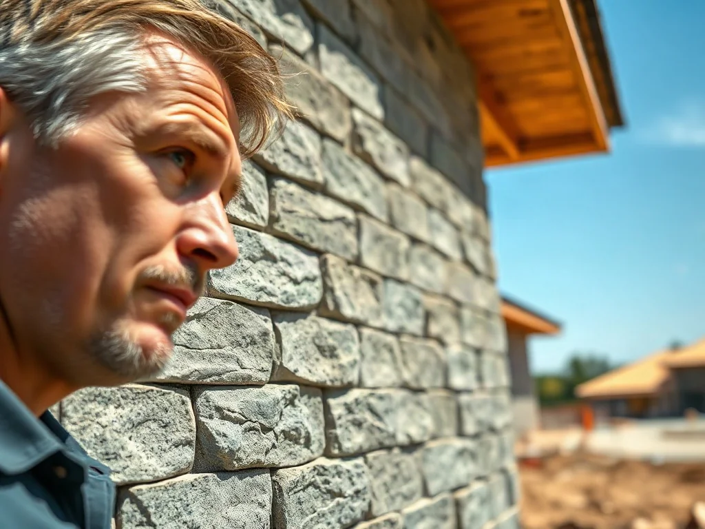 Mężczyzna sprawdza fakturę ściany z keramzytu na placu budowy. Zbliżenie na nowoczesne i ekologiczne materiały budowlane.